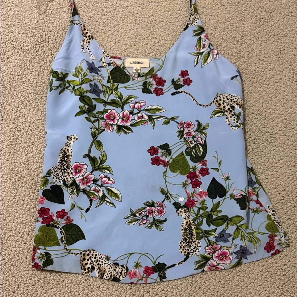 L'AGENCE Light Blue Floral & Leopard Print Silk Cami